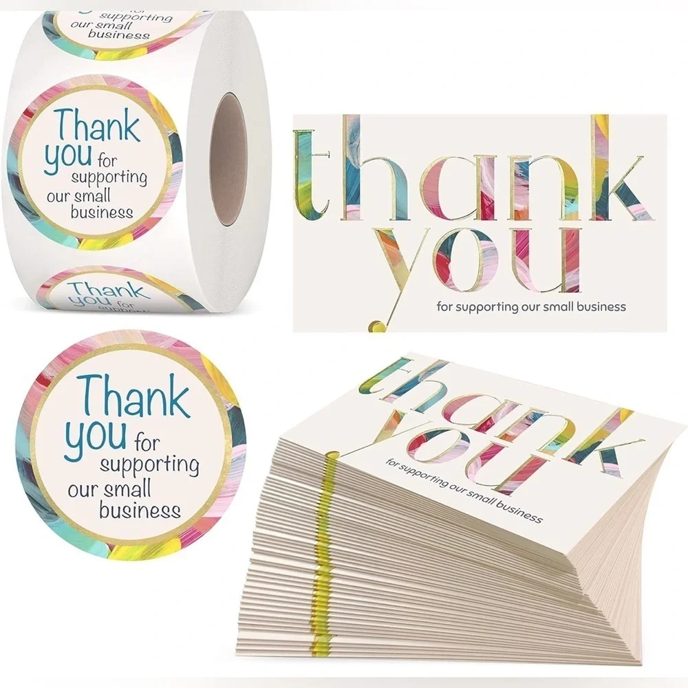 25 THANK YOU Business Cards + 25 Stickers, Starter Set, Colorful, Gold Foil